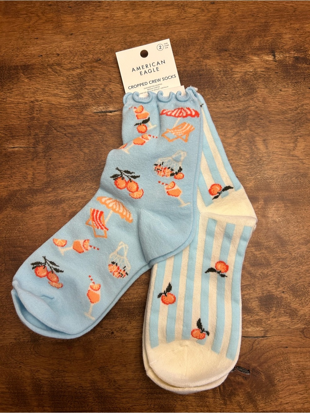 American Eagle Light Blue Peach Print Crew Socks - 2 Pack